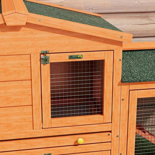 Orange rabbit hutch with a front access door of wire mesh and metal latch