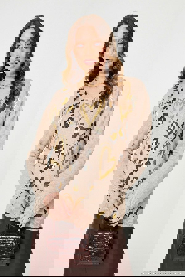 Beige | Metallic Heart Print Scoop Neck Jumper
