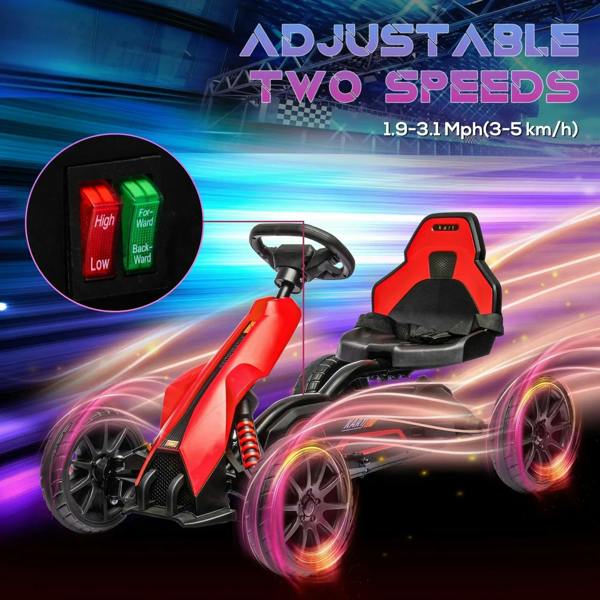 Red kids electric go-kart with black seat and front suspension, three-quarter angle view