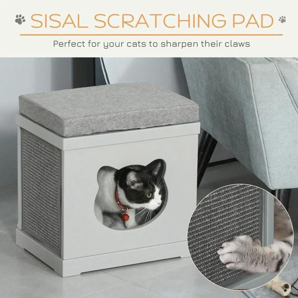 Grey top cat house cube with textured sisal scratching side and cat-shaped entry opening