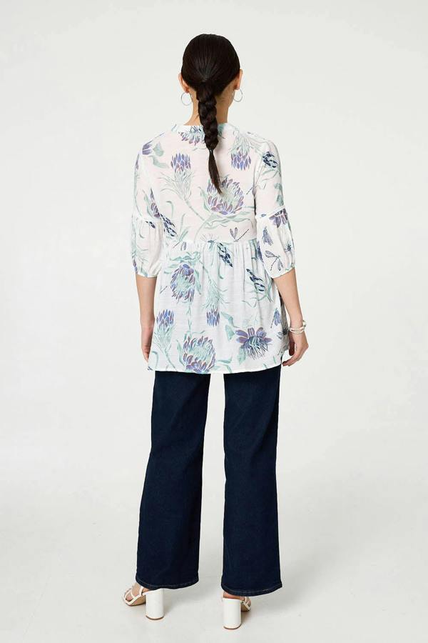 Blue | Floral Lace Ruched 3/4 Sleeve Blouse