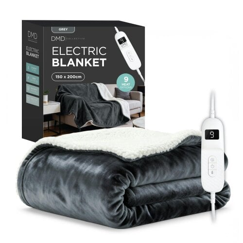 DMD Collective Heated Electric Blanket - Sherpa Fleece, Auto-Off, 9 Heat Levels - 150cm x 200cm - Gray