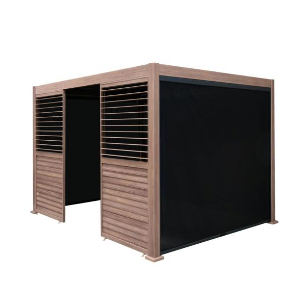 Wood effect aluminium pergola with blinds and two louvre panels, featuring a modern design and sleek, textured finish in a 3m x 3m size