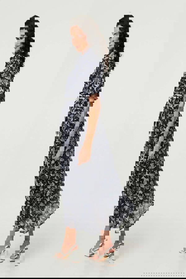 Navy | Tropical Print Puff Sleeve Midi Dress
