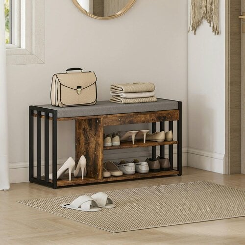 Wyld Haus Soli Wooden Rustic Brown Upholstered Shoe Bench With 3 Shelf and Grey Padded Seat