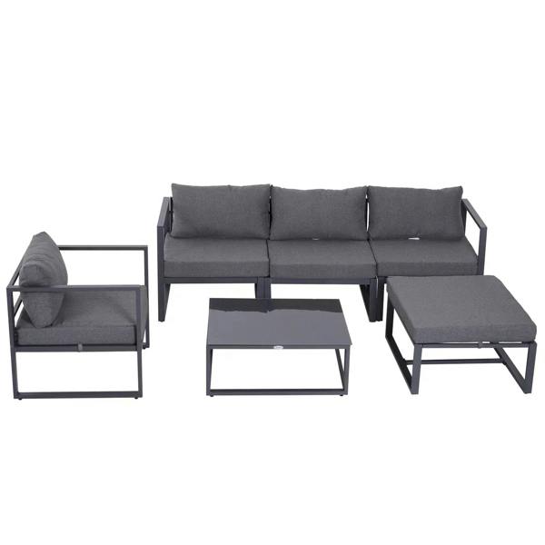 Grey outdoor sectional sofa set with loveseat, armchair, and chaise-style footrest