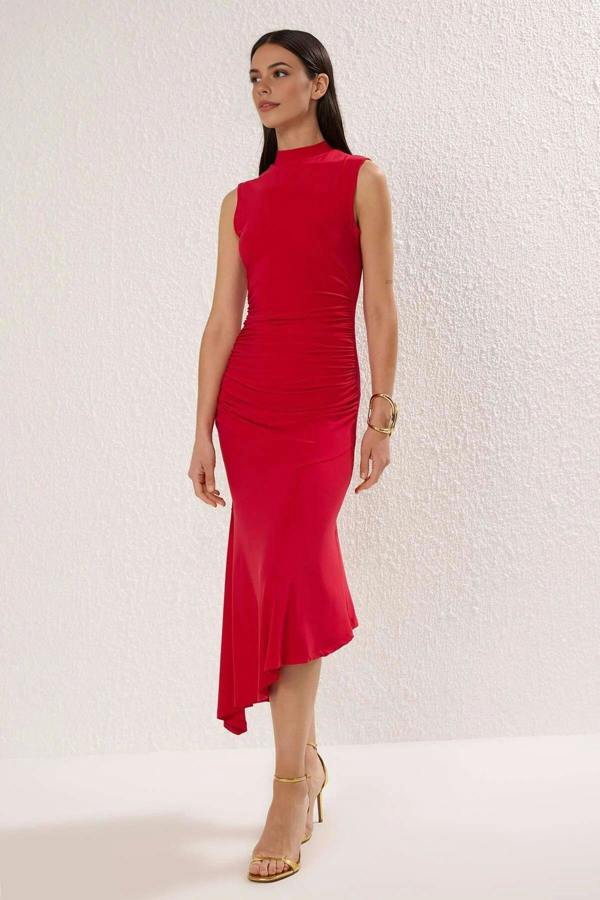 WOVCOR Elegant Knit Evening Dress with Ruffle Detail