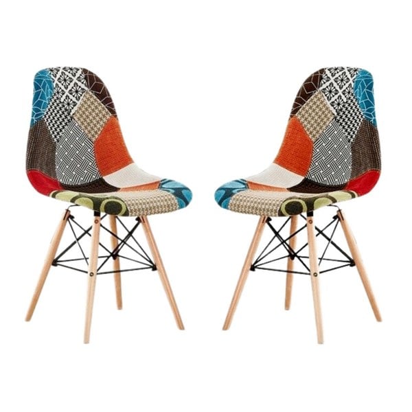 Life Interiors Set of 2 Colorful Patchwork Accent Chairs with Wooden Legs and Metal Wire Frame Mid-Century Modern Dining Chair