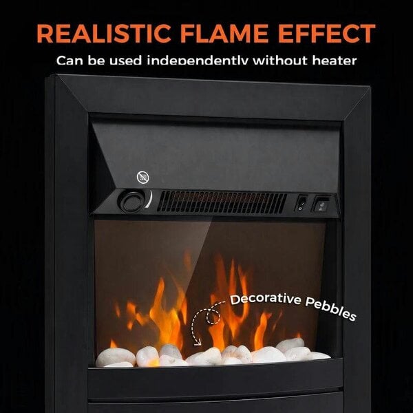 Electric Fireplace Stove Freestanding/Inset, 2000W, Electric Fire with LED Flame, Pebbles, Adjustable Thermostat, Black