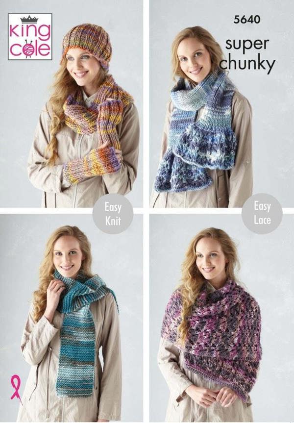 King Cole Quartz Super Chunky Knitting Pattern 5640, Headwear, Scarves, Wraps, Wrist Warmers, Ponchos for Women, One Size - Easy