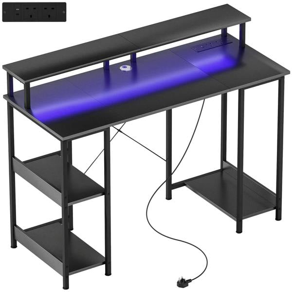 Carbon grey LED computer desk with two-tier shelves, built-in power outlets and cable