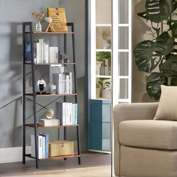 Rafaelo Mobilia 5 Tier Free Standing Ladder Shelf For Living Room Storage Rustic Brown