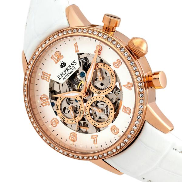 Empress Beatrice Automatic Skeleton Dial Leather-Band Watch w/Day/Date - Rose Gold/White - EMPEM2005