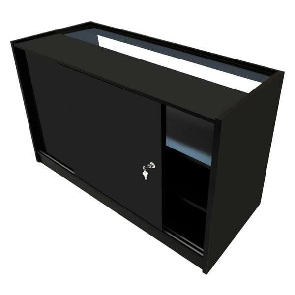 Theseus LED shop counter set in sleek black, featuring a sliding door, glass display top, and open shelving for storage