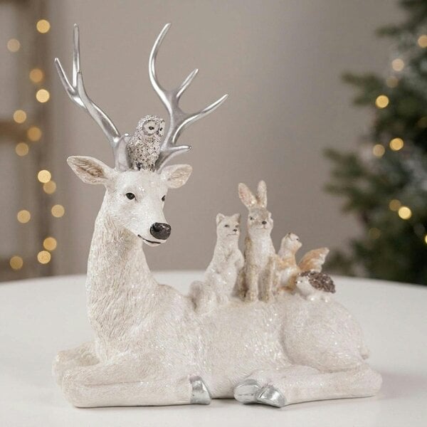 Garden Greatness Resin Silver Sparkle Animals on Reindeer Figurine