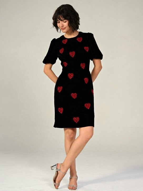 Rose & Nancy Rosheen Black Velevt Hand Embellished Heart Mini Dress