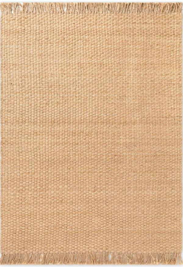 Beige woven rug with a textured pattern and fringed edges
