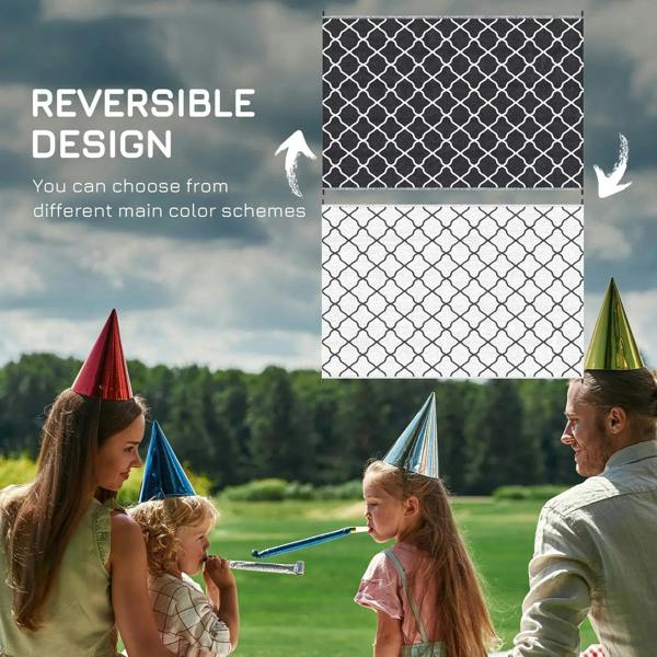 Reversible outdoor rug panel showing black and white quatrefoil lattice sides