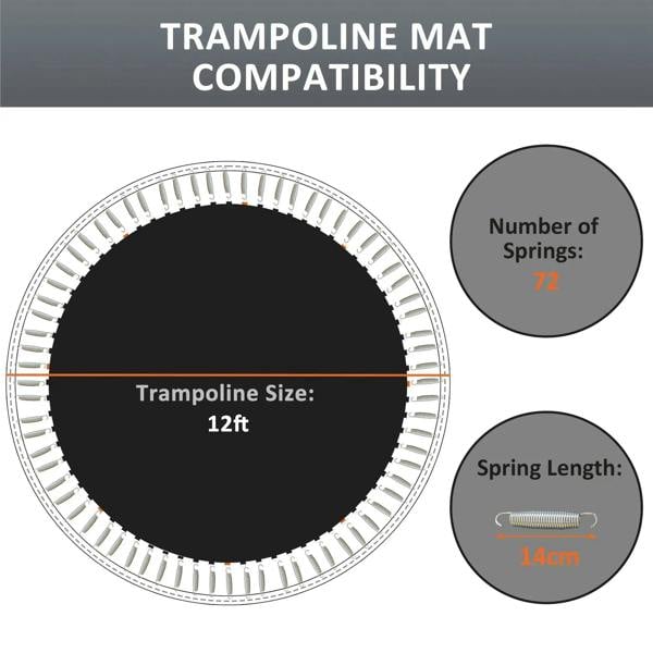 Black trampoline mat compatibility chart with 72 springs and 14 cm spring length