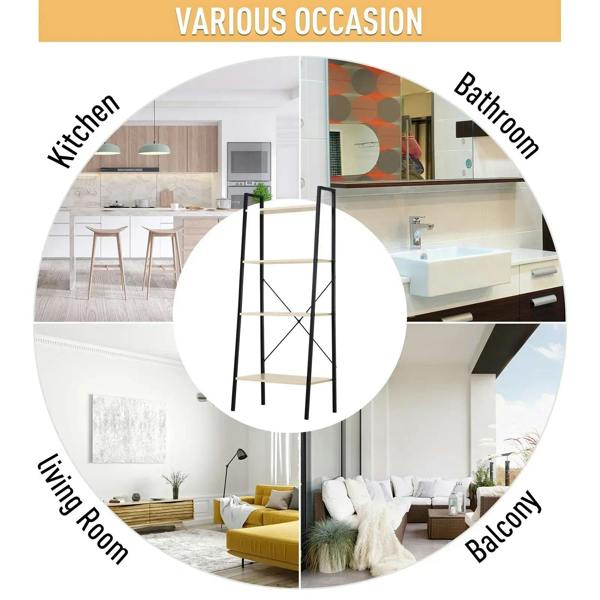 4-tier ladder shelf with black frame and light wood shelves for home storage