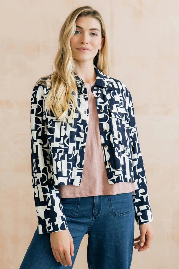 Lily & Me Grasslands Linen Blend Geo Print Jacket Navy