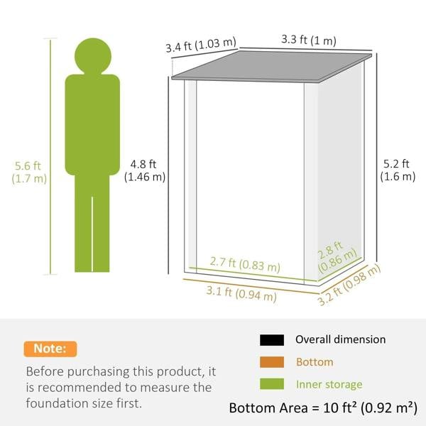 Lean-to steel garden shed size diagram showing overall height and width.