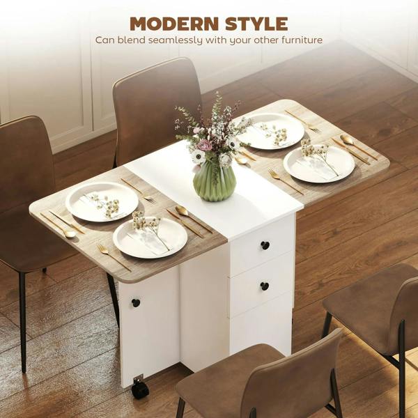 White and oak drop-leaf dining table cart with drawers and cabinet storage for meals