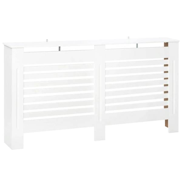 White radiator cover cabinet with dual front frames and horizontal slat ventilation.