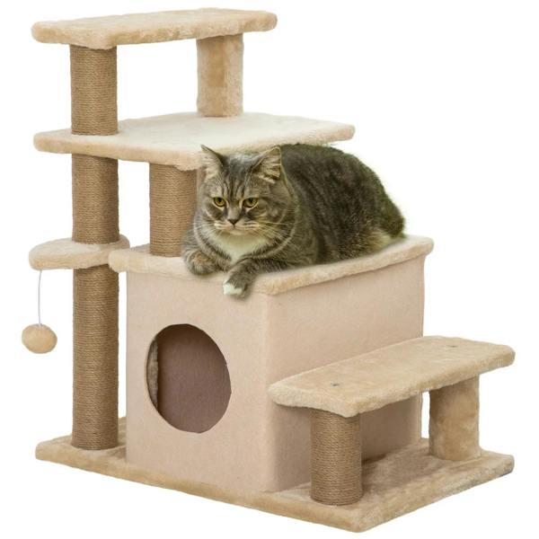 Beige adjustable cat steps with plush platforms, enclosed house opening, and dangling toy ball