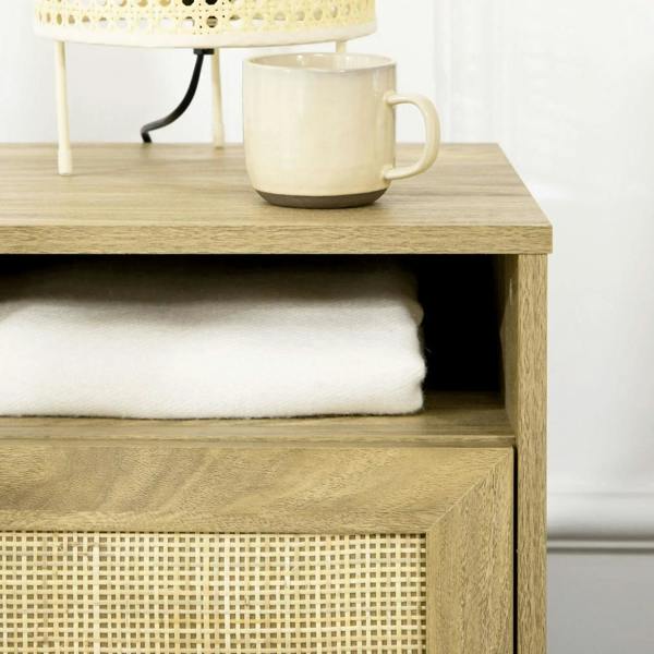 Natural wood bedside table with open shelf beneath top and rattan cabinet front