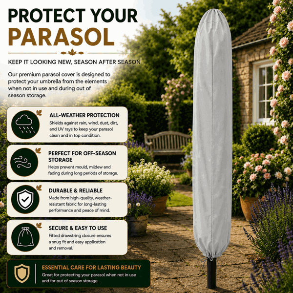 GlamHaus Garden Parasol Table Umbrella 2.7M with Crank Handle, UV40 Protection, Free Protection Cover, Robust Steel - Light Grey