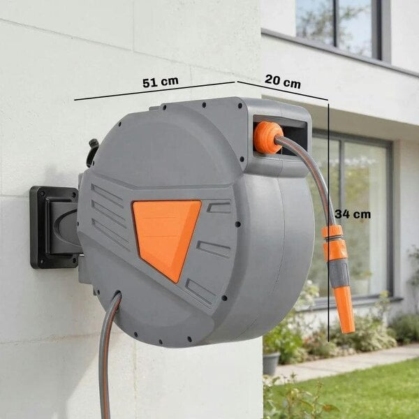 Bobobiy Retractable Hose Reel Wall Mounted, 20+1.6m Garden Hose Pipe Reel with Auto Retraction, Self-Locking, Orange