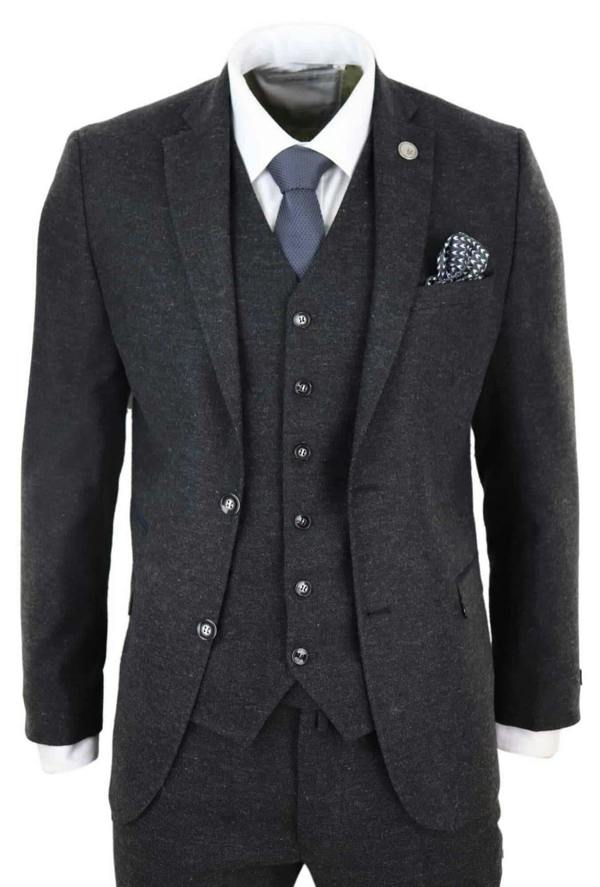 TruClothing Mens 3 Piece Black Wool Tweed Vintage Retro Suit