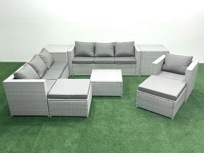 Fimous Wicker PE Rattan Sofa Garden Furniture Set with Armchair Square Coffee Table 2 Big Footstools 2 Side Tables Light Grey Mixed