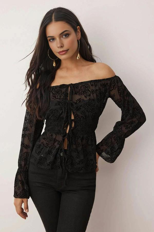 WOVCOR Floral Unlined Carmen Neckline Tie-Up Tulle Party Blouse