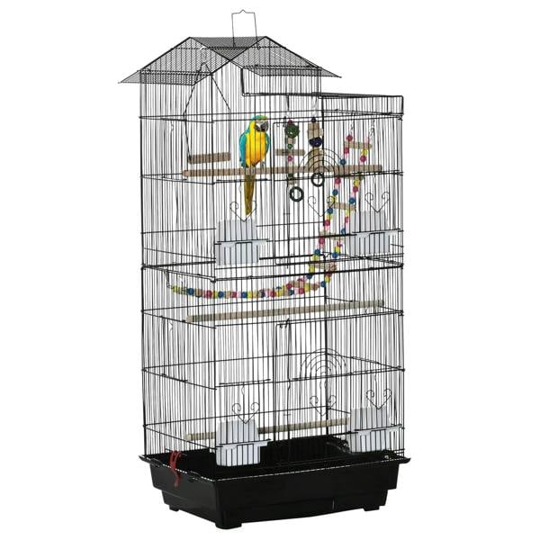 Black wire bird cage with perches and hanging colorful bead toys