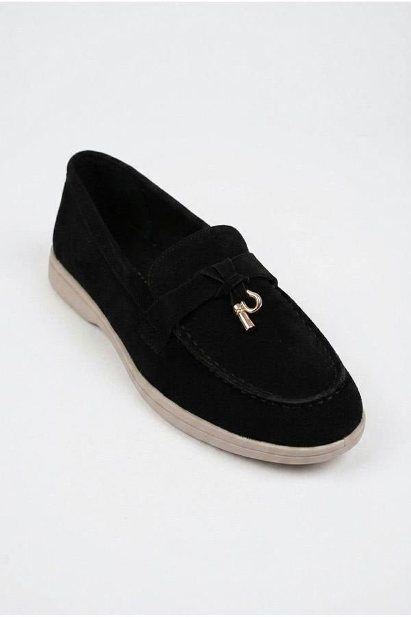 Camille Womens Suede Padlock Charm Loafers - Black