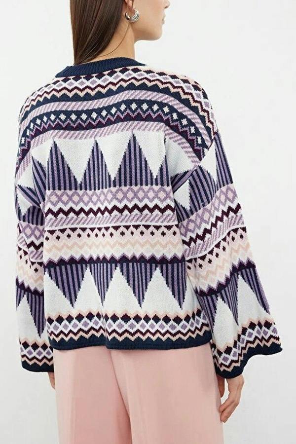 WOVCOR Ethnic Patterned Crew Neck Knit Sweater
