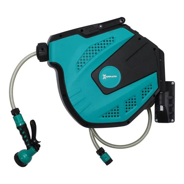 Wall-mounted retractable hose reel, teal and black, with attached spray nozzle