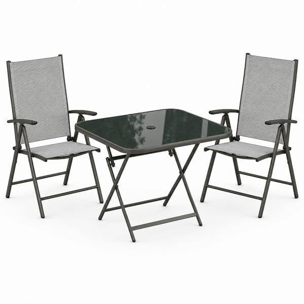 The Garden Marketplace Garden Dining Set – 2 Seater Folding Table & Reclining Chairs with Parasol Hole, Tempered Glass Top, Brown Textoline