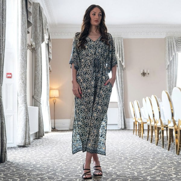 Antonia York Blue Paisley Dress Drawstring-Waist Siobhan Kaftan With Butterfly Sleeves