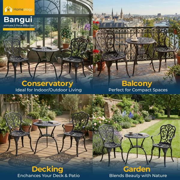 Homeology BANGUI Black Garden and Patio Table and 2 Large Chairs with Armrests Cast Aluminium Bistro Set