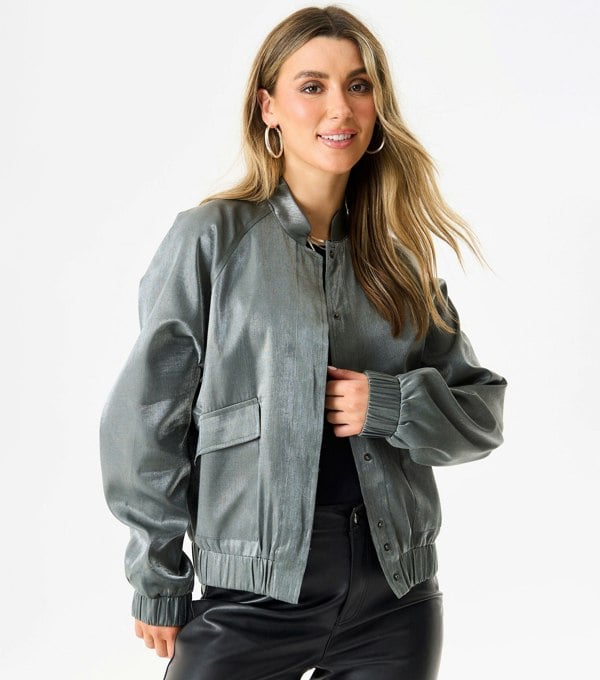 Gini London Grey Metallic Elasticated Waist Bomber Jacket