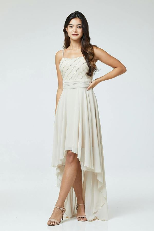 LuvForever Nude Sequin Asymmetric Long Dress