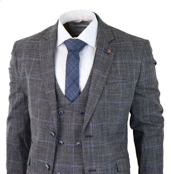 House of Cavani Mens 3 Piece Grey With Blue Check Tweed Vintage Classic Suit