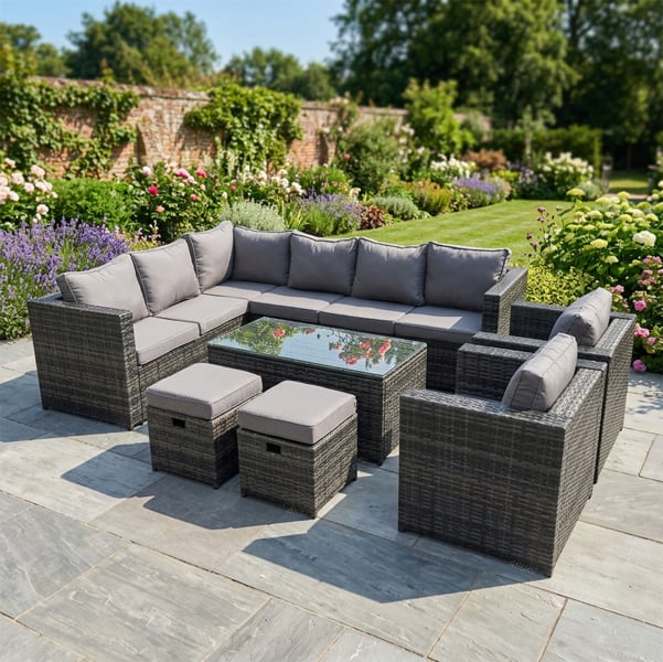 Fimous 10 Seater Rattan Corner Sofa Lounge Sofa Set With Rectangular Coffee Table 2 Stool Dark Grey Mixed Left Hand