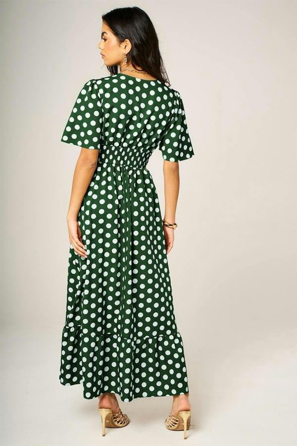 FS Collection Dot Print Angel Sleeve V Neck Frill Hem Midi Dress In Green