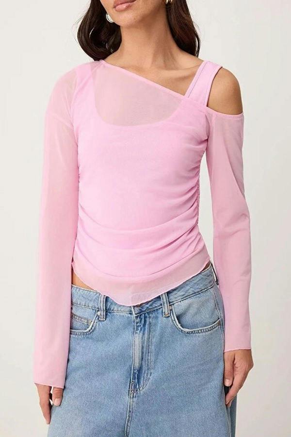 WOVCOR Fitted Asymmetric Neck Long Sleeve Ruched Mesh Blouse