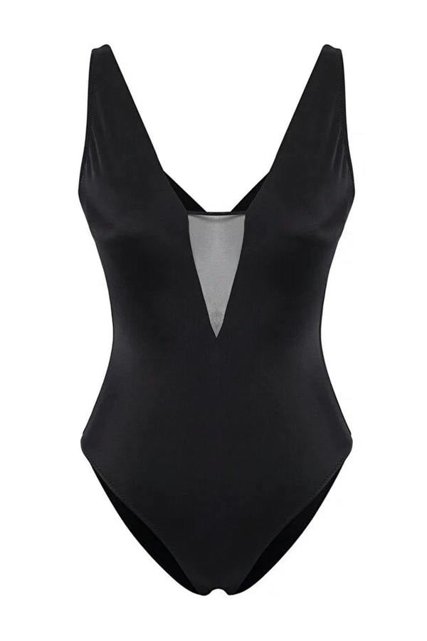 WOVCOR Mesh Detail Deep V-Neck Covered Brazilian Swimsuit