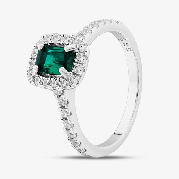 T. H. Baker Sterling Silver Emerald Cut Green Cubic Zirconia Shoulder Set Cluster Ring S2188